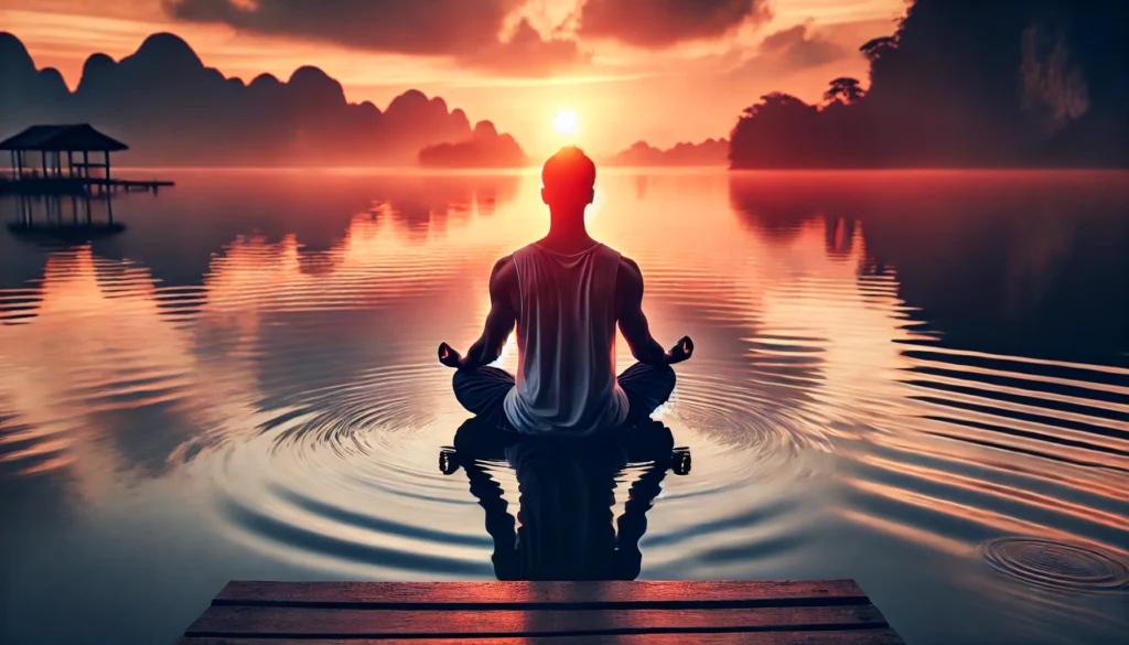 A person meditating by a tranquil lake at sunset, exuding peace, mindfulness, and inner strength, embodying longevity and mental well-being."