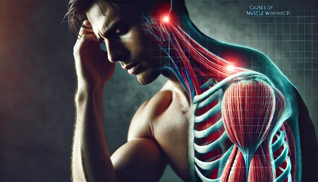 A man with a transparent overlay revealing his muscles, with certain muscle groups glowing red to indicate pain and weakness. The dark, moody background enhances the focus on his physical discomfort.