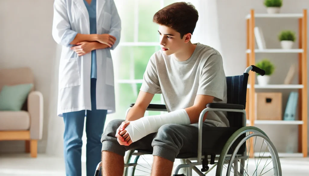 A teenager in a wheelchair looks at his weakened legs with a thoughtful expression, as a caregiver stands supportively nearby. A representation of muscular dystrophy progression."