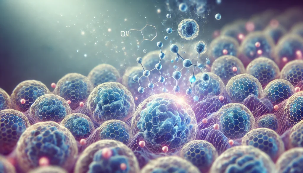 A futuristic visualization of magnesium molecules being absorbed into body cells, featuring semi-transparent cells and glowing magnesium ions in soft blues and purples, symbolizing scientific advancement and wellness.