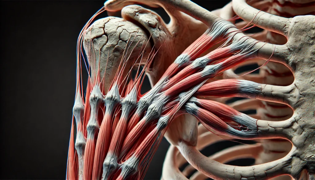 A biomechanical close-up of how skeletal muscles attach to bones via tendons, illustrating the strong and structured connection at a joint.