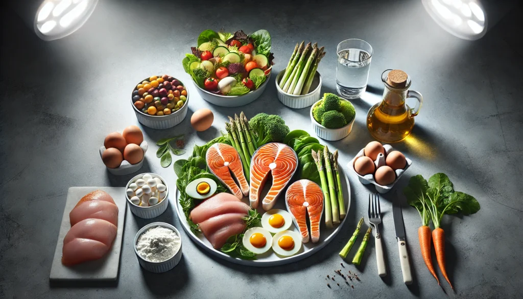 A visually striking depiction of a muscle-building meal, featuring high-protein foods like chicken, eggs, salmon, and fresh vegetables, presented on a clean, modern table.