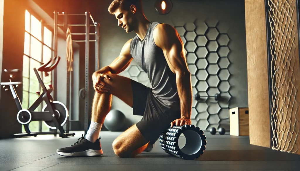 Athlete using a foam roller on leg muscles in a home gym, practicing self-myofascial release for post-workout recovery.