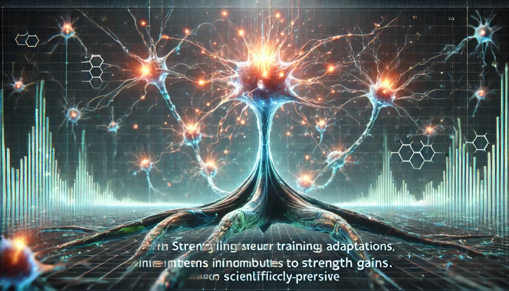  A futuristic rendering of motor neurons activating muscle fibers with electric signals, enhancing strength.