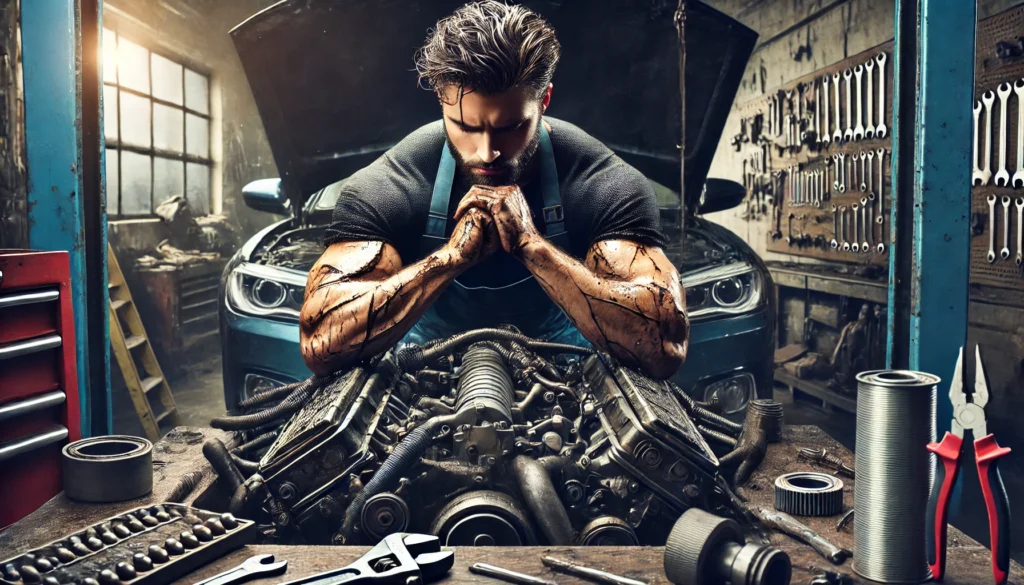 A strong and composed man skillfully repairing a car engine, hands covered in grease, symbolizing problem-solving skills and self-reliance. The workshop setting is filled with tools and mechanical parts.