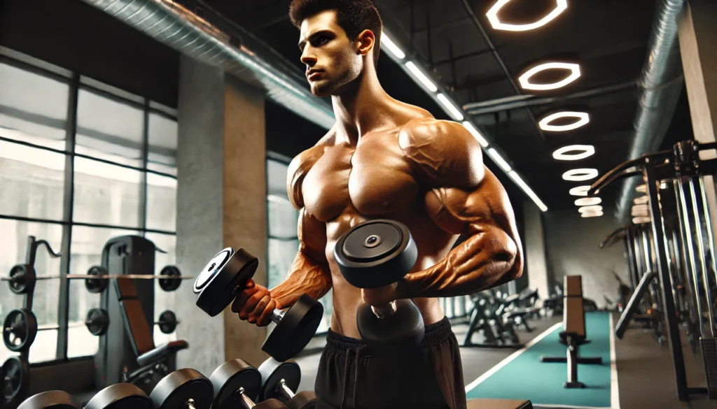 A strong man lifting dumbbells overhead in a well-lit gym, showcasing his defined shoulders and arms with various workout equipment in the background.