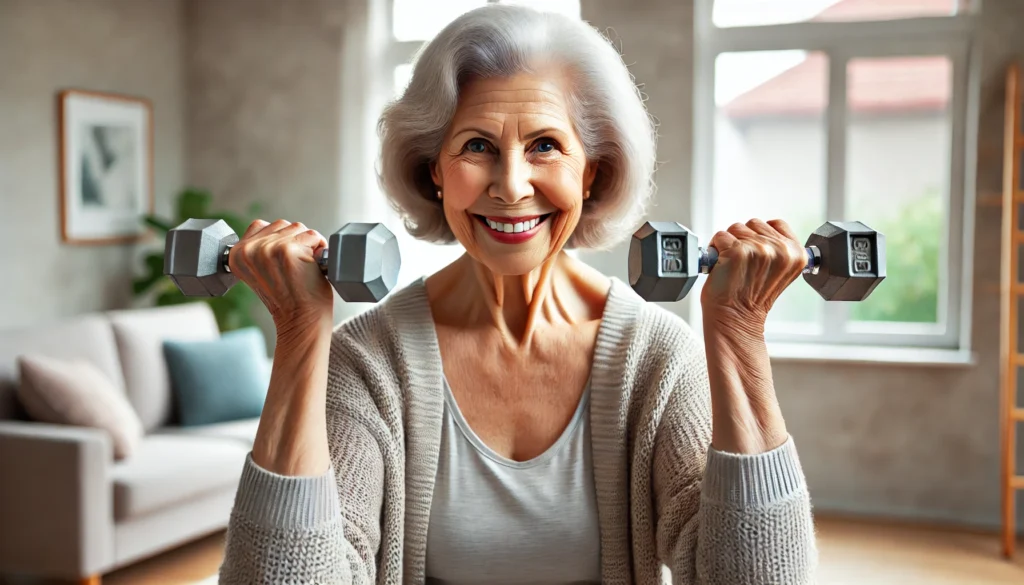 An elderly woman lifting light dumbbells at home with a smile, radiating energy and confidence. The bright, naturally lit room creates a warm atmosphere for senior strength training.