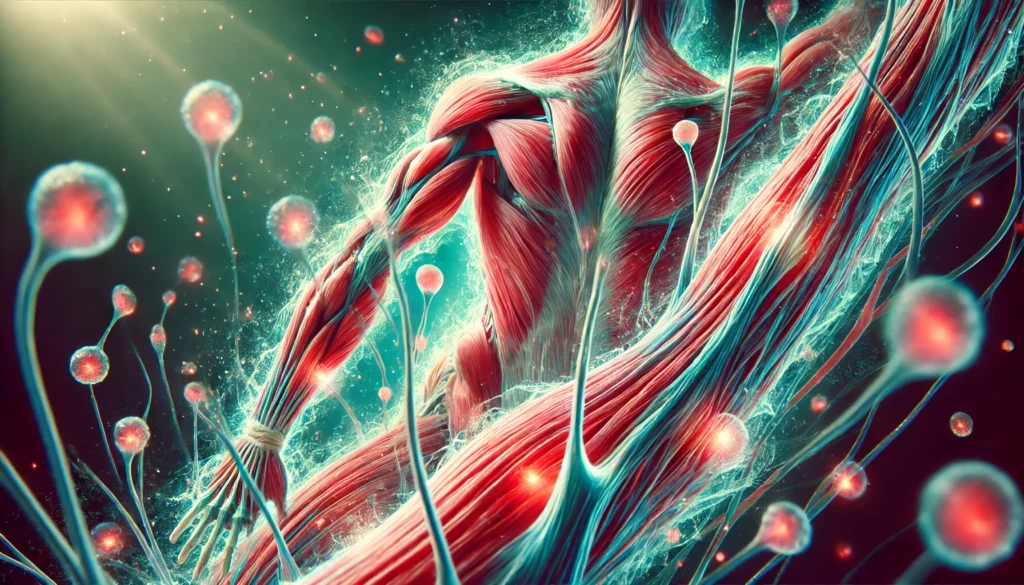 A microscopic close-up of muscle fibers repairing and regenerating after exercise, with red and blue hues representing blood flow and oxygenation.