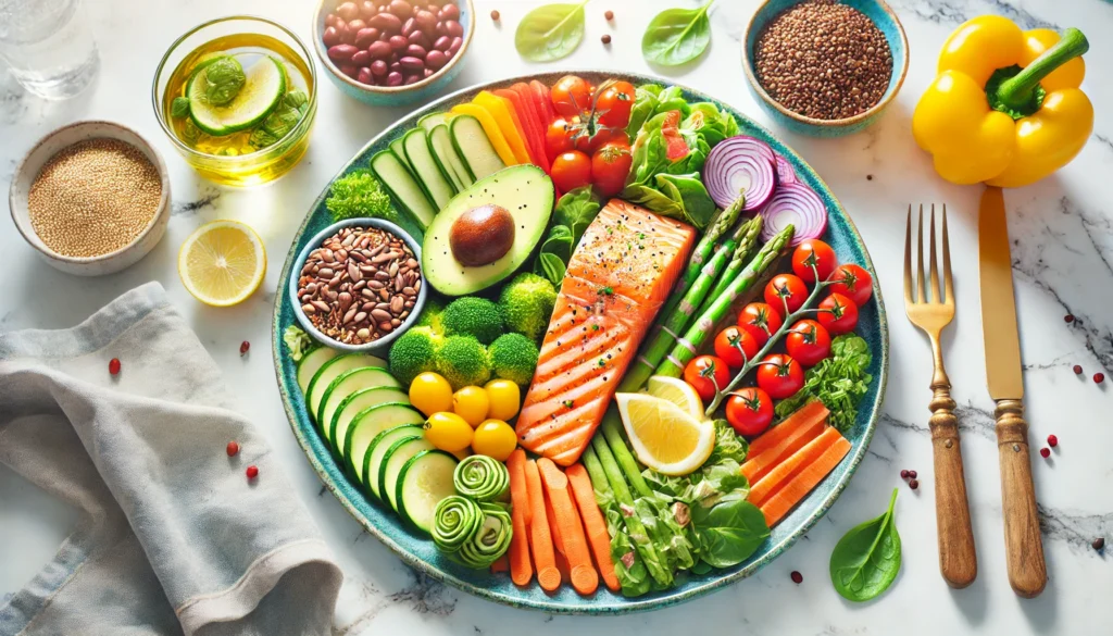 A colorful and nutritious plate featuring grilled salmon, fiber-rich vegetables, avocado, and quinoa in a bright, inviting kitchen setting, promoting balanced eating habits for effective weight management after 40.