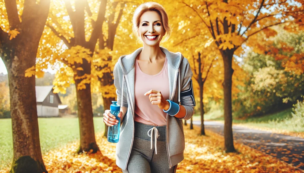 A vibrant middle-aged woman enjoying a brisk walk in a scenic autumn park, dressed in fitness attire. Her joyful expression and the golden leaves convey renewal, health, and strength during menopause.