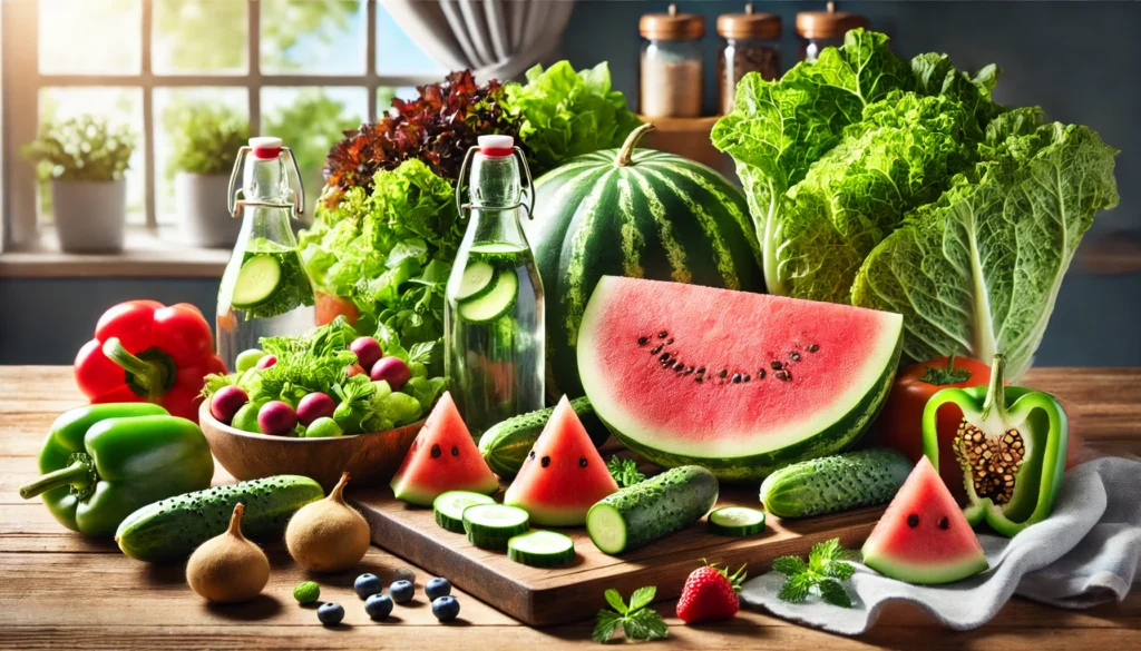 A vibrant selection of hydrating fruits and vegetables, including cucumbers, watermelon, and leafy greens, displayed on a wooden kitchen counter. Natural lighting enhances the freshness, highlighting the role of a nutrient-rich diet in reducing water retention during menopause.