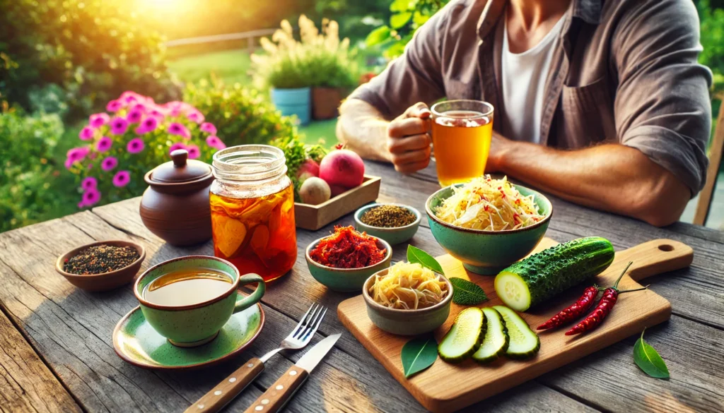 A man in an outdoor setting enjoying a probiotic meal with fermented foods like kimchi, pickles, and herbal tea, highlighting gut health.