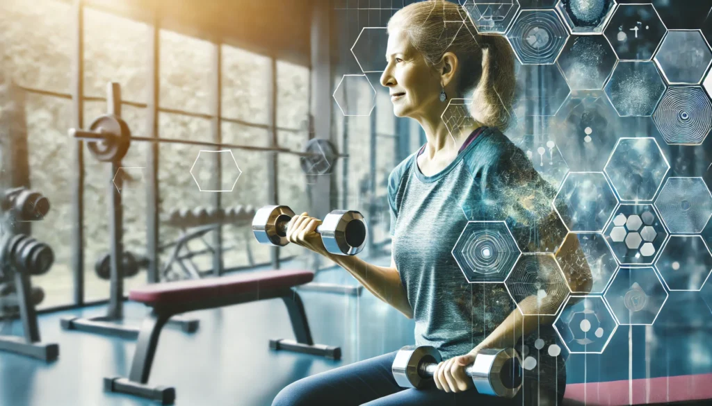 A strength training session featuring a middle-aged woman lifting light weights in a well-lit gym. The image emphasizes muscle maintenance and bone health, key aspects of menopause fitness.