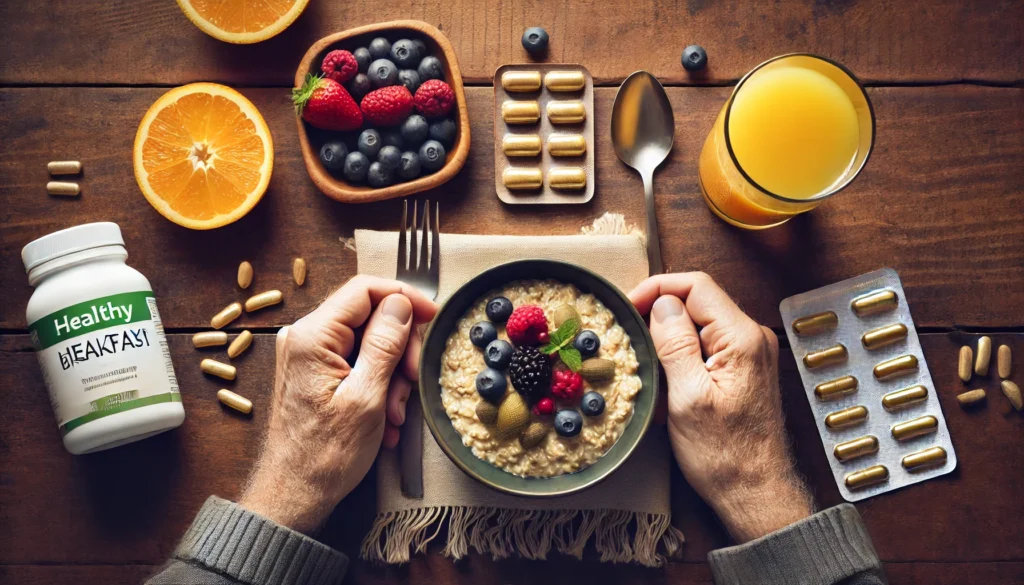 A healthy breakfast spread featuring oatmeal with berries, a glass of orange juice, and supplement capsules on a small plate, emphasizing balanced nutrition and essential vitamins for aging men.