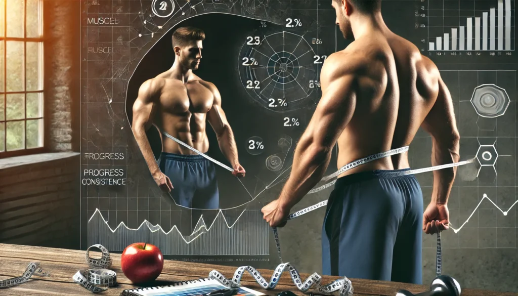 A muscular athlete tracking his muscle-building progress over time using a mirror and a measuring tape. The background subtly integrates fitness tracking tools, such as a calendar and progress chart, symbolizing long-term consistency.

