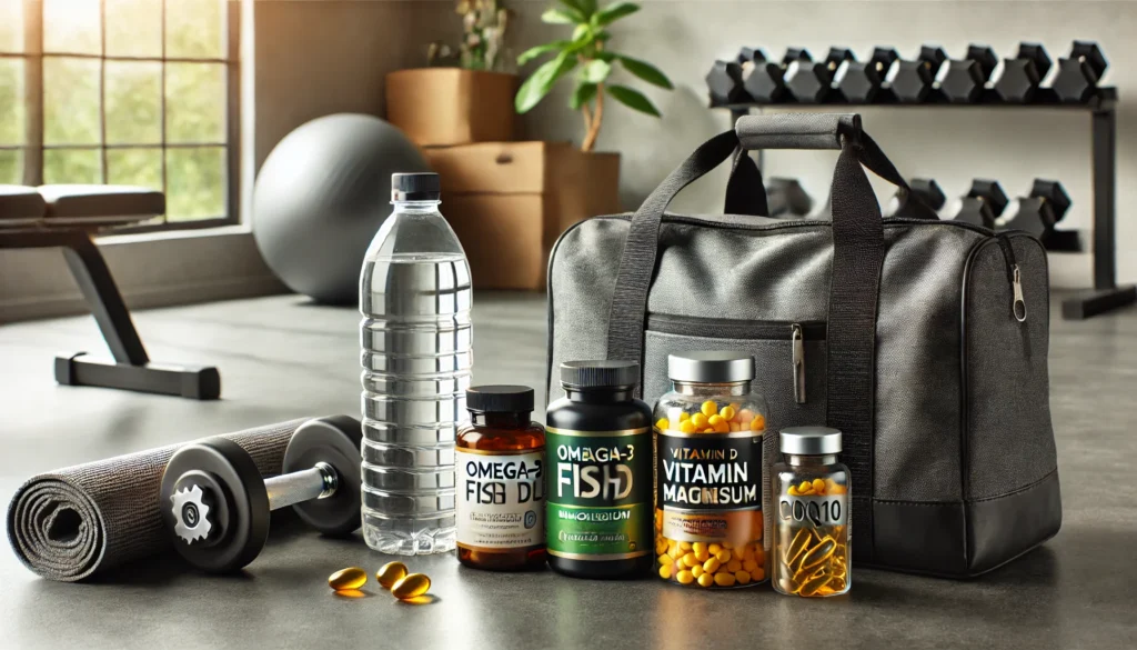 A healthy lifestyle concept showing a gym bag, a water bottle, and supplement bottles for men over 40, including omega-3 fish oil, vitamin D, magnesium, and CoQ10, set in a well-lit home gym or workout space with a yoga mat and dumbbells in the background