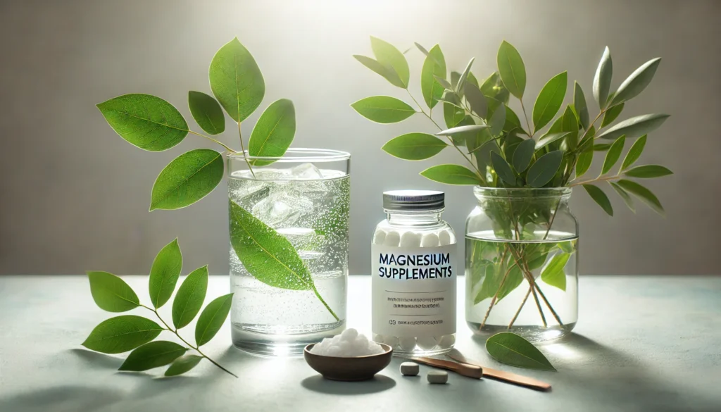 "A serene wellness scene featuring a glass of magnesium-infused water, a bottle of magnesium supplements, and fresh green leaves, highlighting the natural health benefits of magnesium."