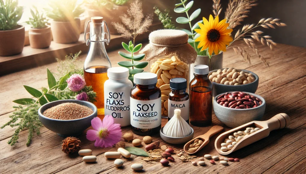 A beautifully arranged display of natural supplements and herbs for menopause support, including soy, flaxseeds, maca root, evening primrose oil, and red clover, set on a rustic wooden surface with soft, natural lighting.