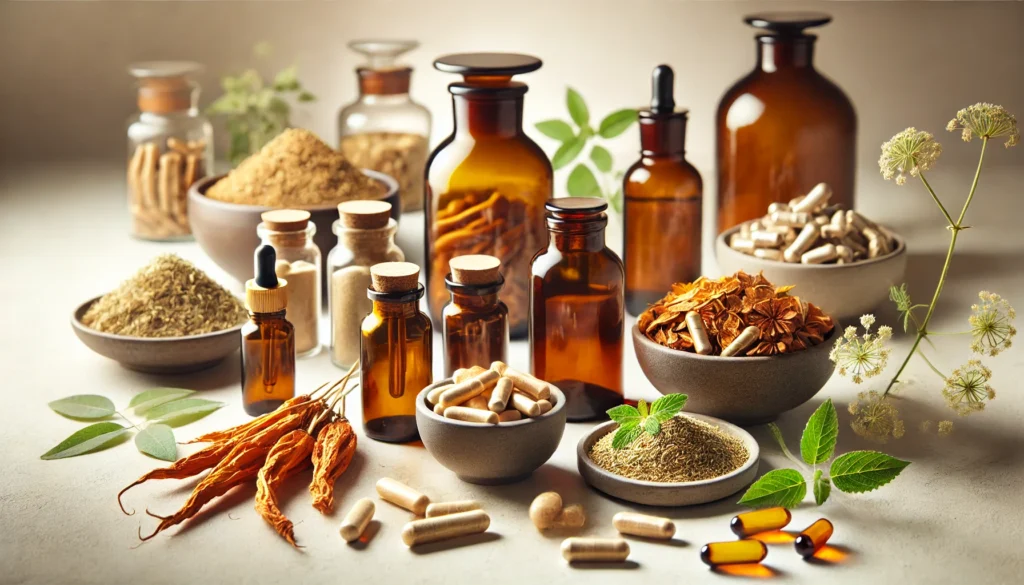 A selection of herbal supplements for perimenopause, featuring dried herbs such as ashwagandha and maca root, amber-colored glass bottles with capsules, and tinctures set against a clean, neutral background.