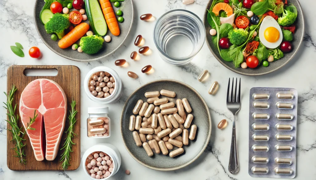 A clean and modern flat-lay composition of multivitamin capsules and softgels on a marble countertop, accompanied by a glass of water and a balanced meal with proteins and vegetables, emphasizing nutrition for men over 40.