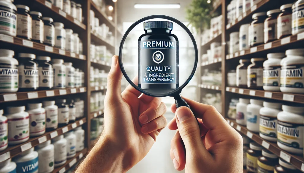 A close-up of a hand carefully examining a premium vitamin bottle label for ingredient transparency, with a blurred background of a pharmacy shelf filled with supplement options, emphasizing quality selection.