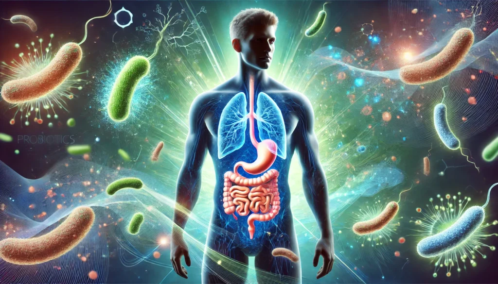 A visually rich depiction of a fit male silhouette with a radiant digestive system, surrounded by swirling beneficial bacteria in vibrant colors, emphasizing the role of probiotics in gut balance and overall health.