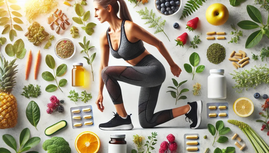  A fit, mature woman in athletic wear engaging in light exercise, surrounded by natural supplement ingredients like berries, leafy greens, and essential vitamins, highlighting vitality and healthy aging during perimenopause.

