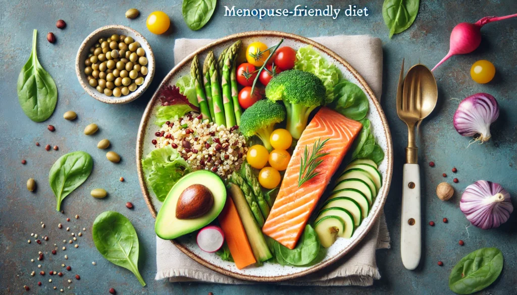 A colorful, nutrient-rich meal featuring grilled salmon, quinoa, avocado, and steamed vegetables, representing a balanced diet for menopause weight management.