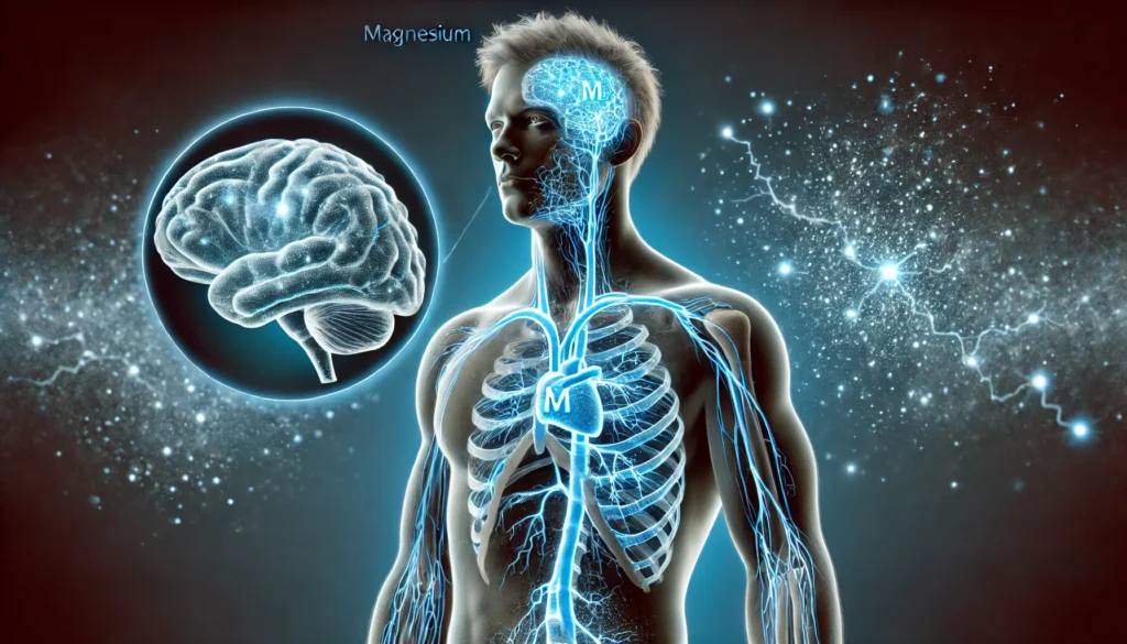 A scientific visualization of magnesium's role in human health, featuring a semi-transparent male figure with glowing neural pathways, muscles, and bones illuminated in blue. This highlights magnesium’s crucial impact on nerve function, muscle performance, and bone strength.