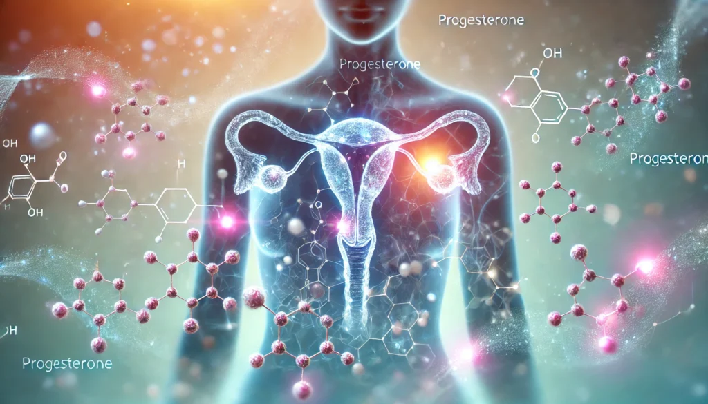 A scientific visualization of progesterone molecules interacting within the endocrine system, illustrating hormone balance during menopause.