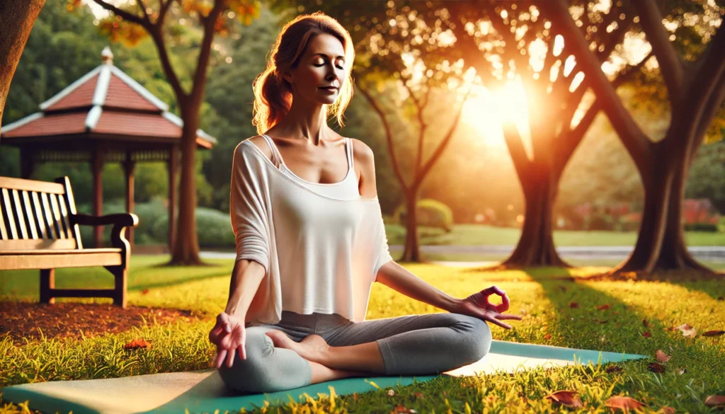 A middle-aged woman practicing yoga in a tranquil park during golden hour, representing holistic relief from menopause symptoms. The peaceful setting suggests balance, well-being, and stress management.