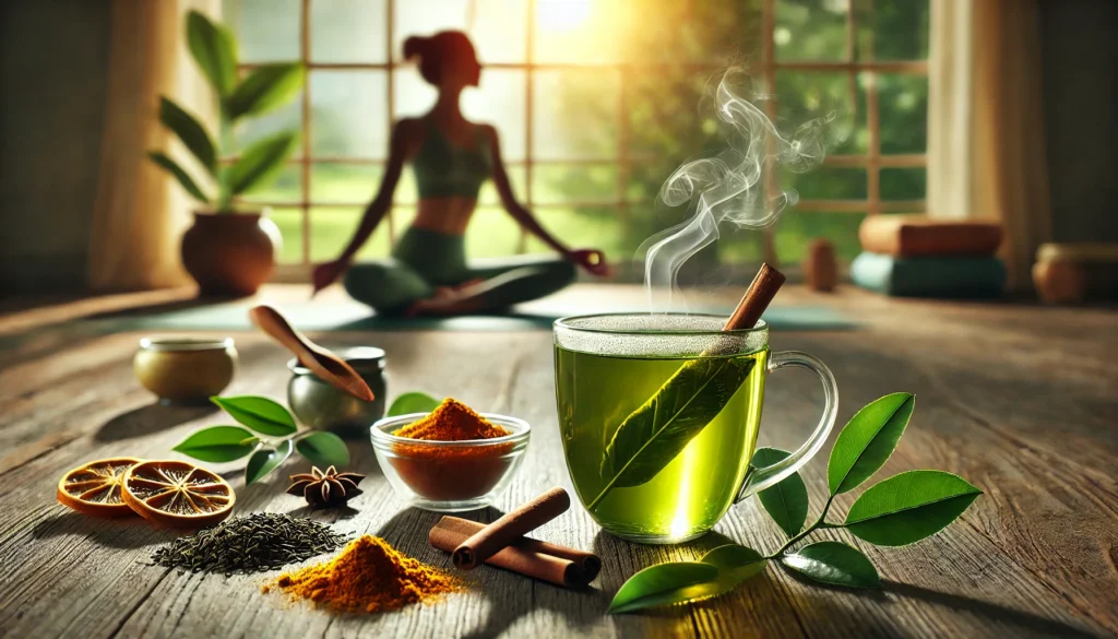  A steaming cup of green tea with cinnamon sticks and turmeric powder, set against a blurred background of a woman practicing yoga near a sunlit window, emphasizing a healthy metabolism and lifestyle.