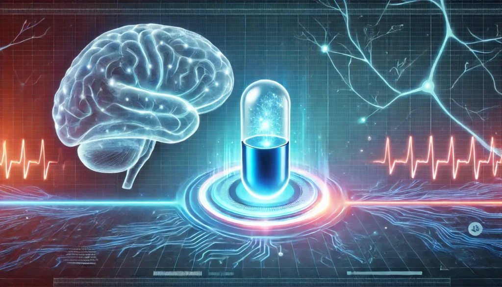 A futuristic depiction of menopause treatment featuring a glowing medical capsule emitting a cool blue aura, set against abstract neural pathways, representing scientific advancements in hot flash relief.