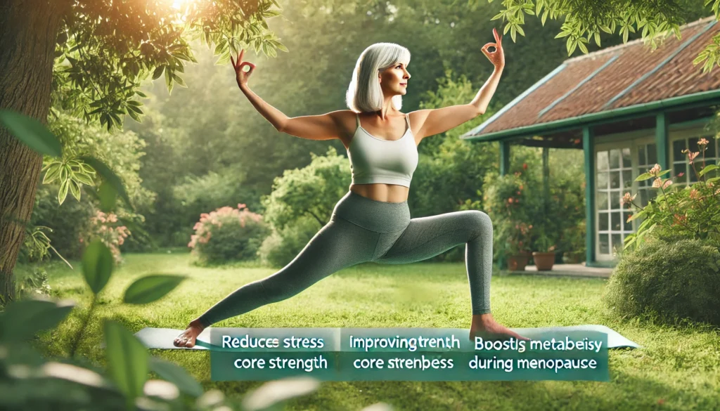 A middle-aged woman practicing yoga in an outdoor setting surrounded by greenery, highlighting the benefits of flexibility, stress reduction, and core strength for menopause belly management.