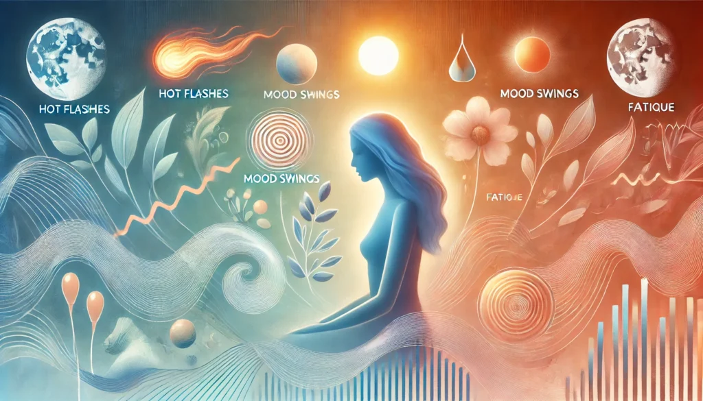 A serene illustration of a woman surrounded by abstract elements representing hot flashes, mood swings, and fatigue, with a color gradient shifting from bright to dim hues.