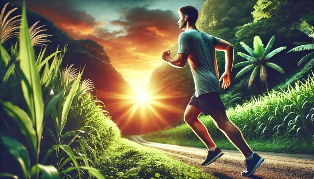 A fit and energetic man jogging outdoors at sunrise on a scenic trail surrounded by lush greenery. The image represents the benefits of daily vitamin intake in supporting men's endurance, vitality, and overall well-being.