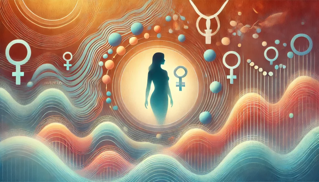 An artistic representation of hormonal changes during menopause, featuring an abstract visualization of fluctuating estrogen and progesterone levels. Soft waves of warm and cool colors create a sense of transition, while a silhouetted woman in the center symbolizes balance and adaptation.