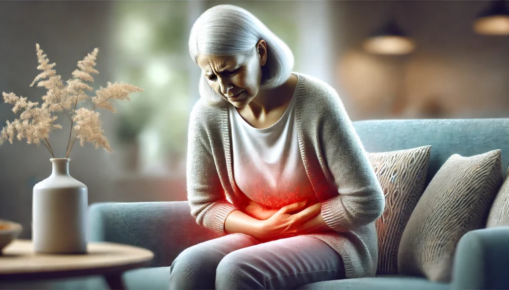 A realistic illustration of a mature woman sitting on a couch, holding her lower abdomen with a pained expression. A subtle red glow highlights the area of discomfort, visually representing post-menopausal cramps in a warm, home setting.