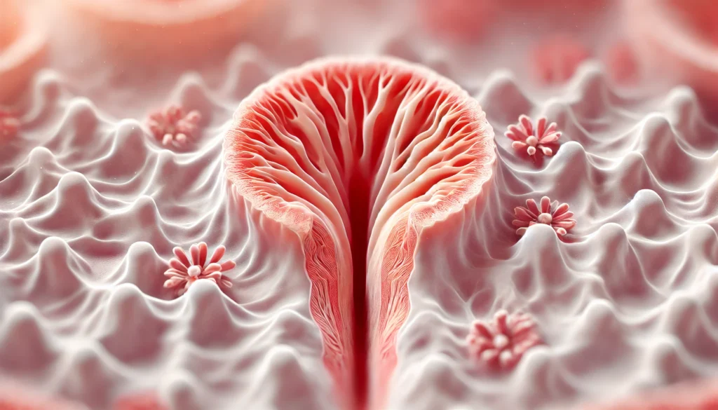 A close-up depiction of vaginal tissue affected by menopause, highlighting thinning and dryness due to estrogen decline, illustrating changes in reproductive health.