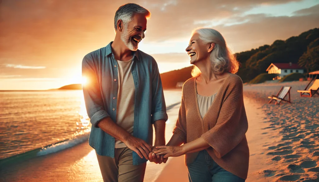 A middle-aged couple walking hand in hand along a peaceful beach at sunset. The gentle ocean waves and golden hues of the sky symbolize romance, deep connection, and renewed passion in their relationship.

