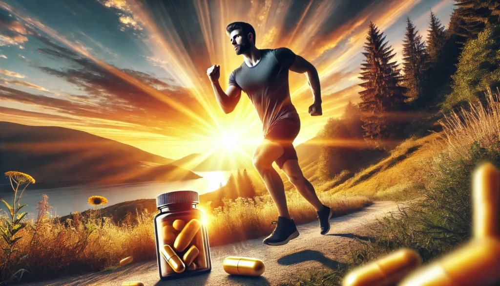 A fit man in his late 30s jogging on a scenic sunrise trail, representing the benefits of optimal health and vitality achieved through proper supplementation and an active lifestyle.