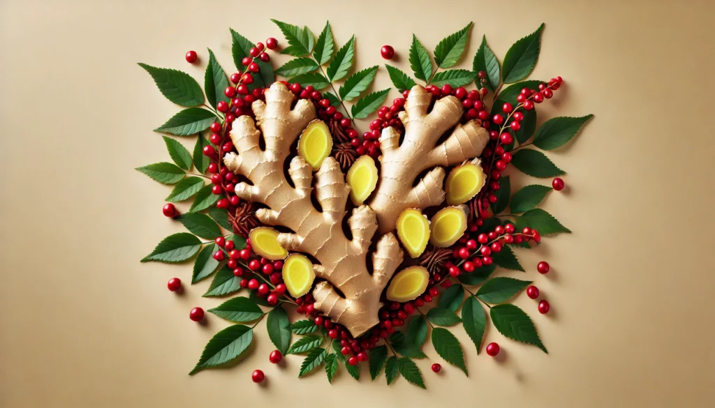 A heart-shaped arrangement of fresh ginger roots and slices, surrounded by red berries and green leaves, visually representing the role of ginger in promoting cardiovascular health.