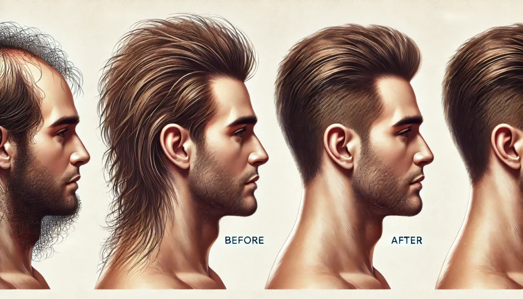  A before-and-after concept of a man's hair transformation, illustrating the difference in thickness and fullness.