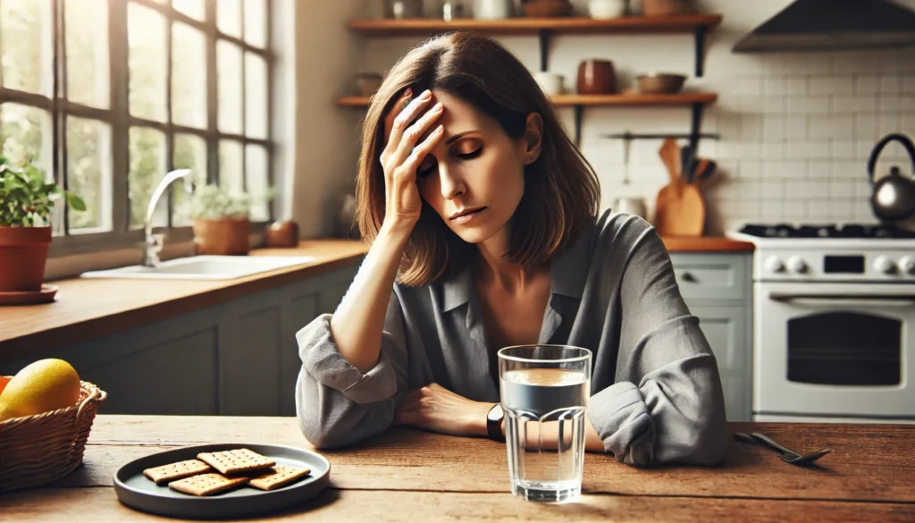 A woman in her 40s sits at a kitchen table, looking fatigued and nauseous while holding her forehead. A glass of water and a small plate of light snacks sit in front of her, indicating an attempt to ease nausea. The scene is set in a calm home environment with natural daylight streaming through a window, creating a soothing atmosphere.