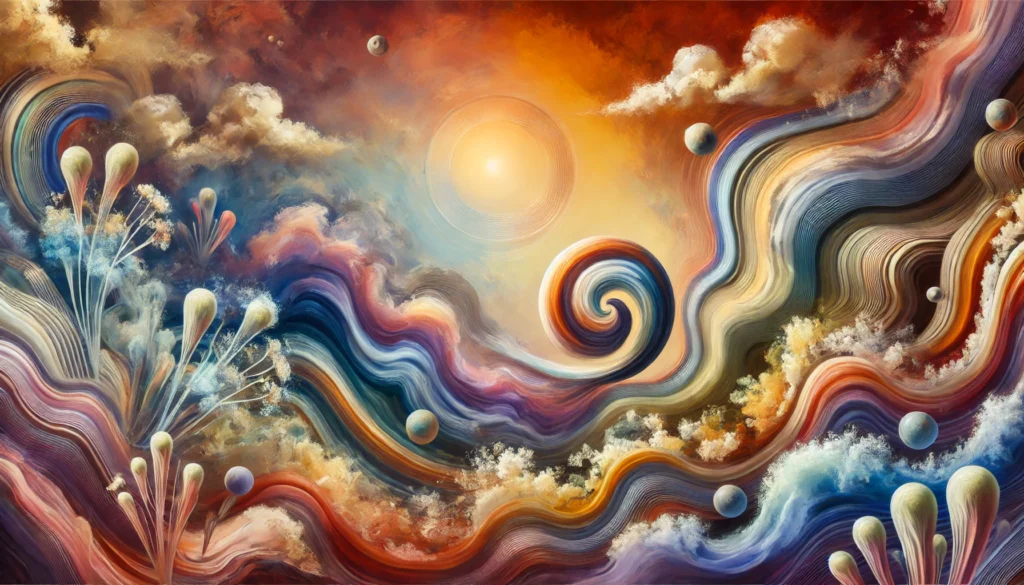 An abstract artistic representation of hormonal fluctuations in perimenopause, visualized through a surreal landscape with blended warm and cool tones, symbolizing shifts in follicle-stimulating hormone (FSH) levels.