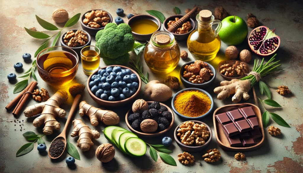 A detailed composition of anti-inflammatory foods ideal for menopause, including turmeric, ginger, olive oil, green tea, walnuts, blueberries, and dark chocolate, arranged in a warm, balanced setting.