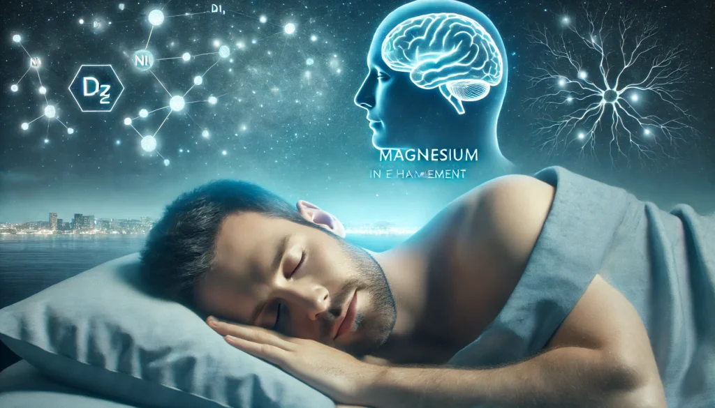 A calming nighttime scene of a man sleeping peacefully, surrounded by a soft blue glow that represents deep relaxation and quality rest, highlighting magnesium’s role in sleep enhancement.