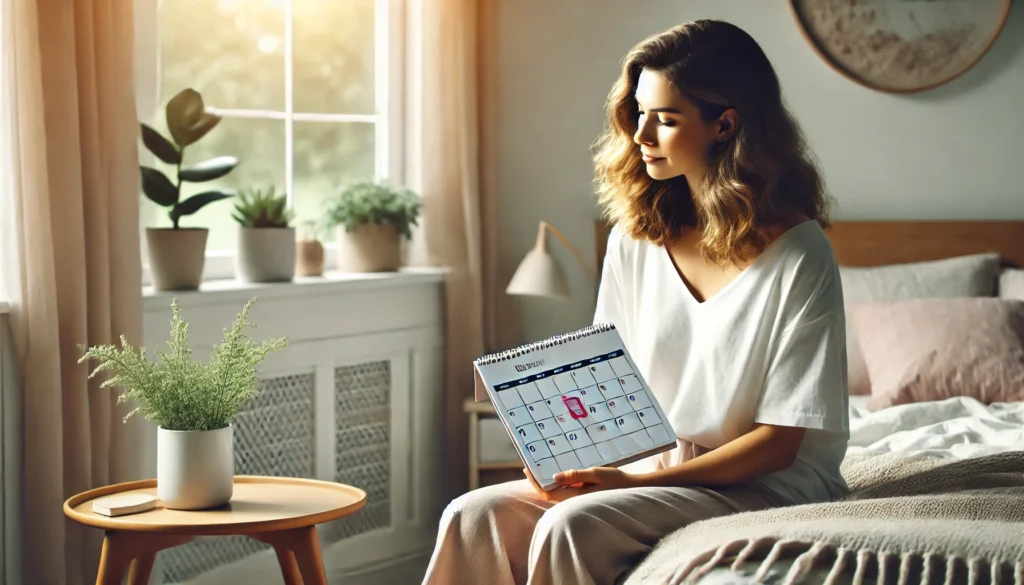 A woman sits on the edge of her bed in the morning, looking at a calendar with a thoughtful expression. The image symbolizes uncertainty about menstrual cycle changes after stopping birth control. The setting includes soft natural lighting, a cozy bedroom environment, and a neutral color palette.