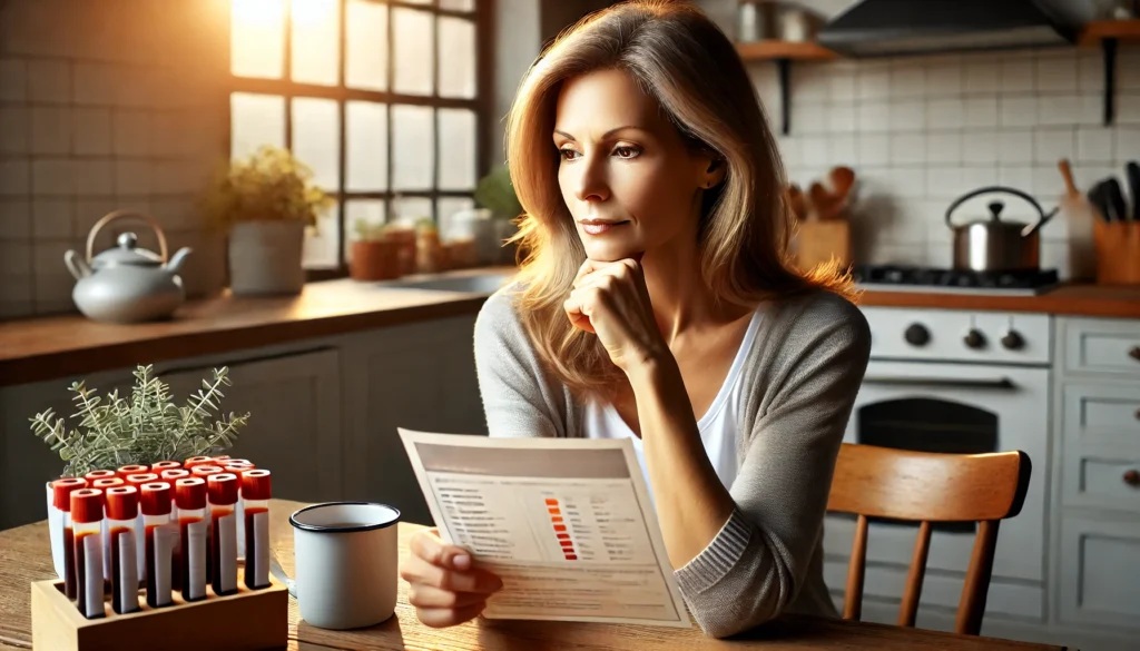 A woman in her late 40s or early 50s sits at a kitchen table, holding a blood test report while appearing deep in thought. A cup of tea and a softly lit window in the background create a warm, reflective atmosphere.