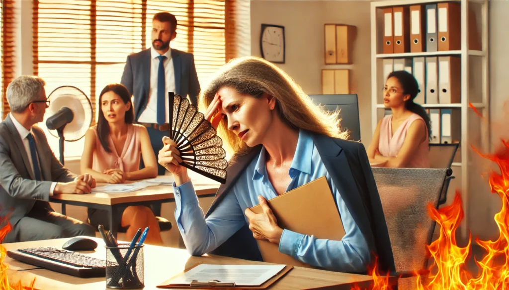  A middle-aged woman sitting in an office, suddenly feeling overwhelmed by a hot flash. She is visibly sweating and fanning herself with a folder while colleagues in the background look concerned. The professional setting has warm tones symbolizing heat.